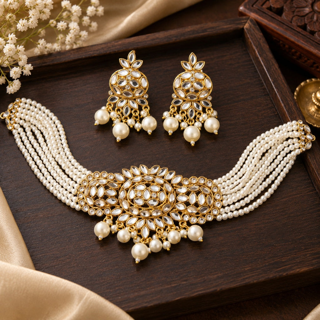 Gold Kundan Pearl Choker & Earrings Set