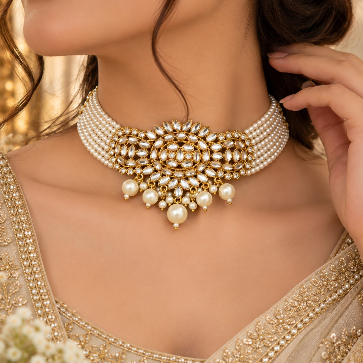 Gold Kundan Pearl Choker & Earrings Set