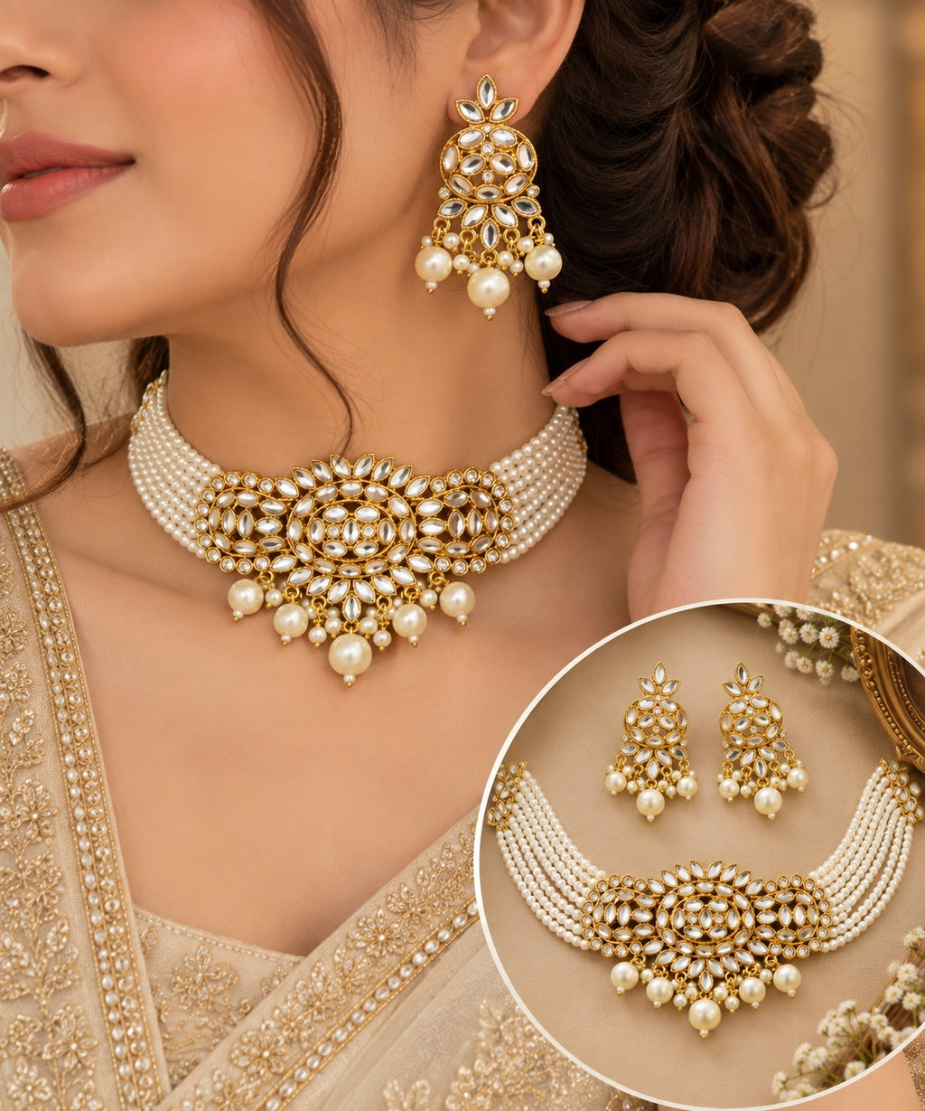 Gold Kundan Pearl Choker & Earrings Set
