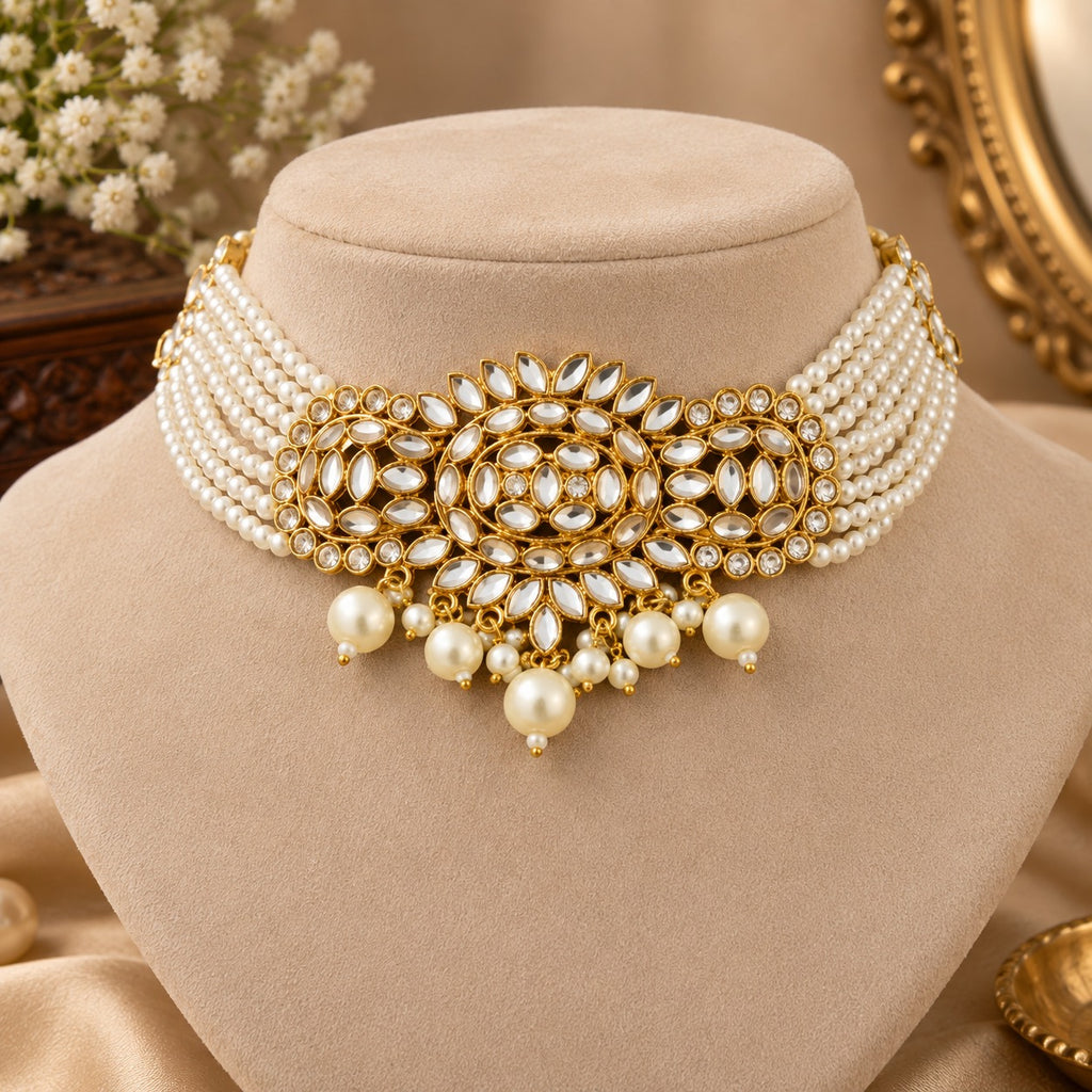 Gold Kundan Pearl Choker & Earrings Set