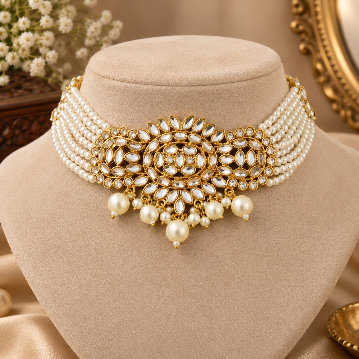 Gold Kundan Pearl Choker & Earrings Set
