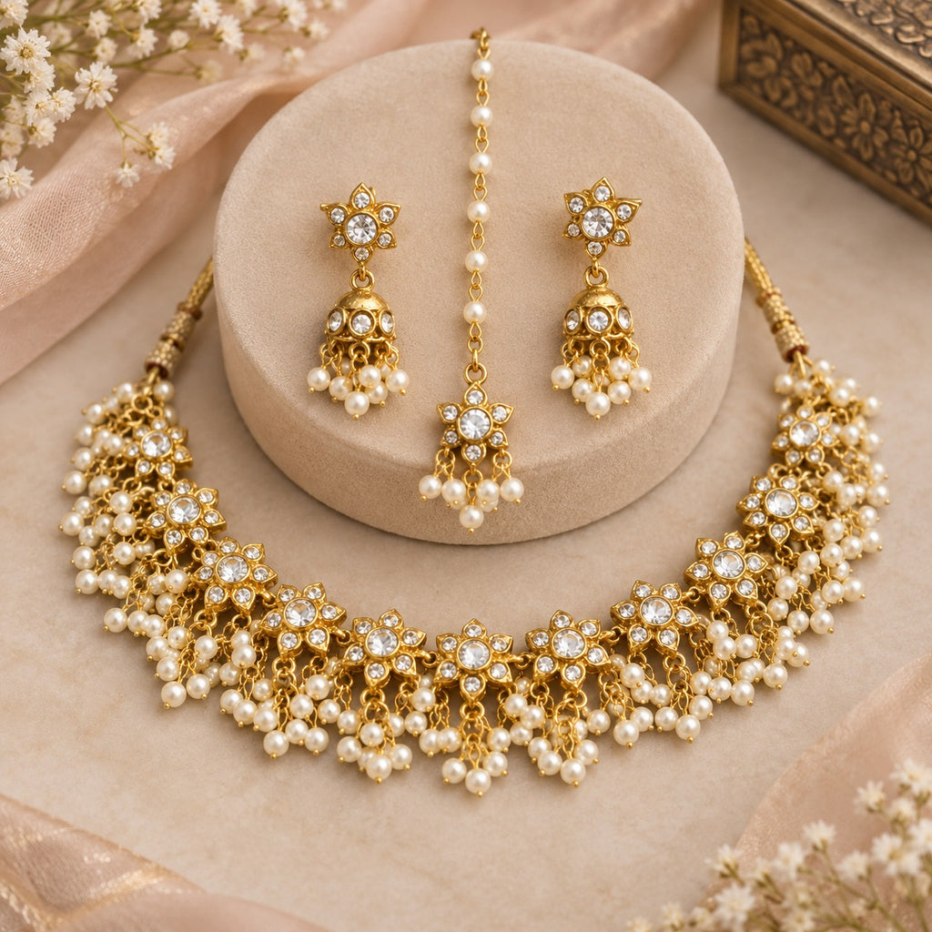 Gold Pearl Bridal Choker Set with Jhumka & Teeka