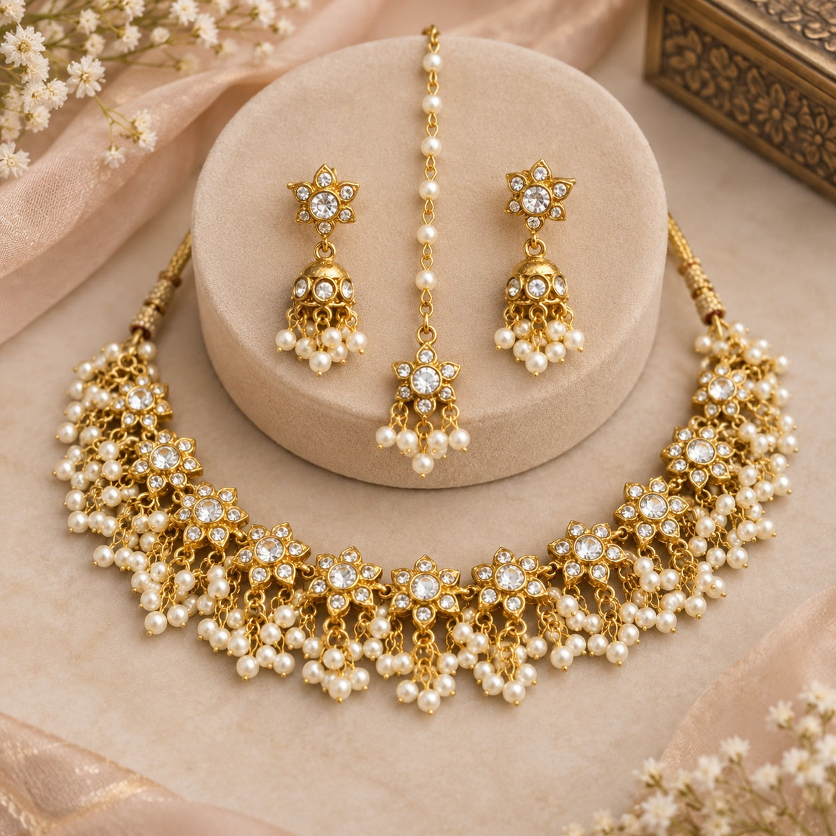 Gold Pearl Bridal Choker Set with Jhumka & Teeka