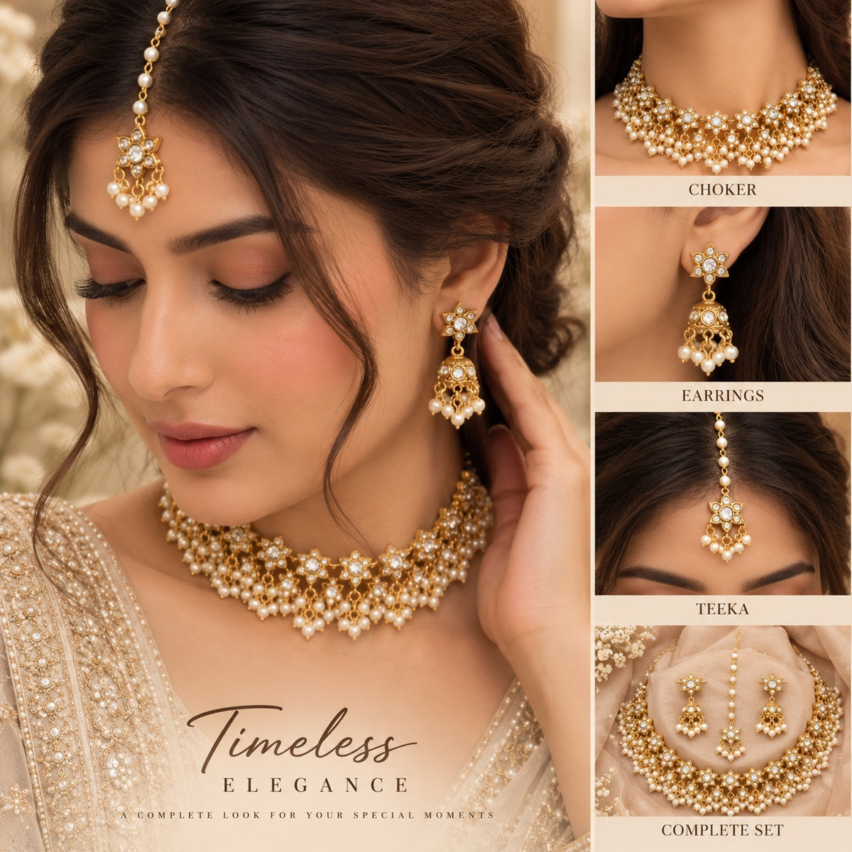 Gold Pearl Bridal Choker Set with Jhumka & Teeka