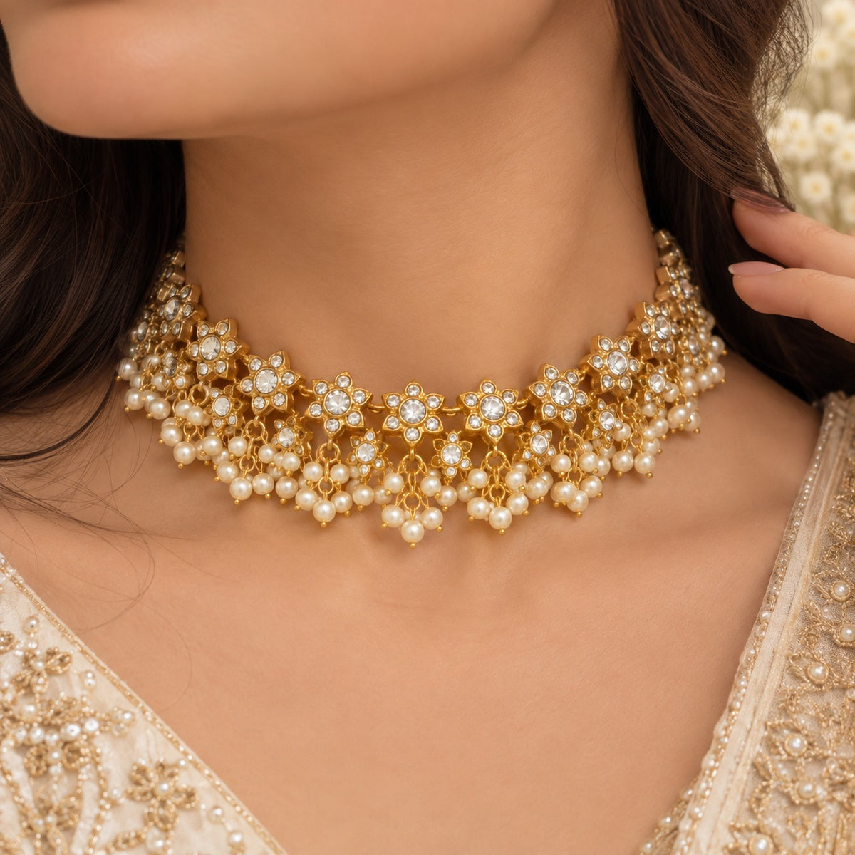 Gold Pearl Bridal Choker Set with Jhumka & Teeka