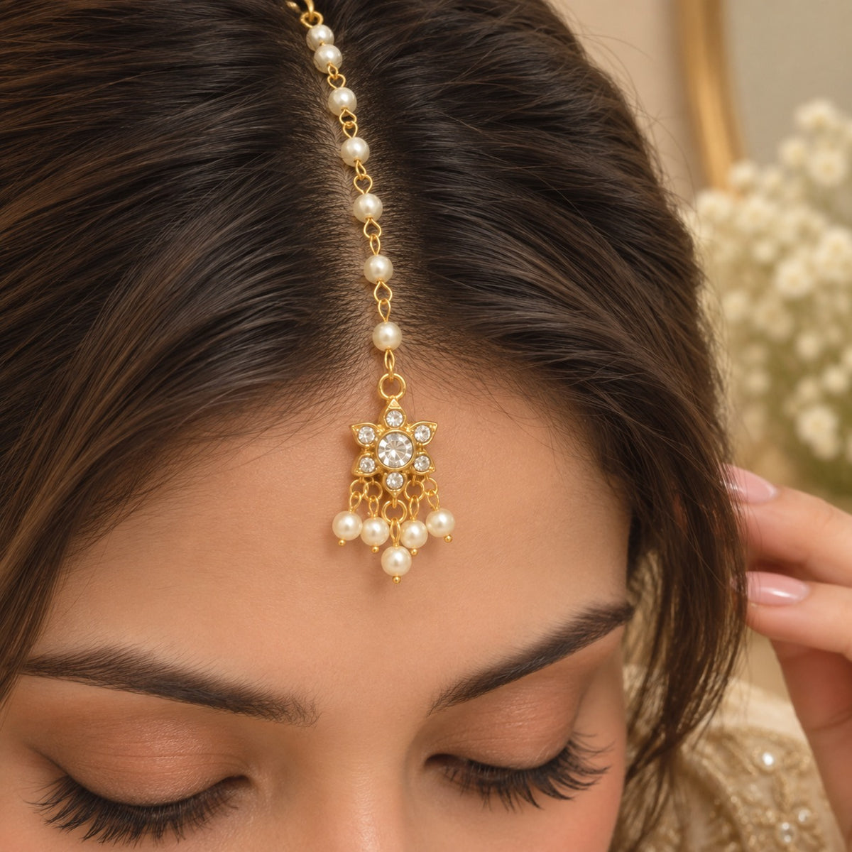 Gold Pearl Bridal Choker Set with Jhumka & Teeka