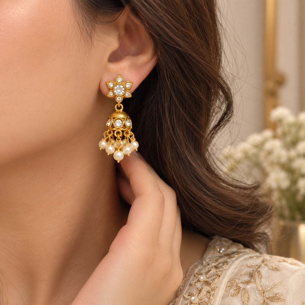 Gold Pearl Bridal Choker Set with Jhumka & Teeka