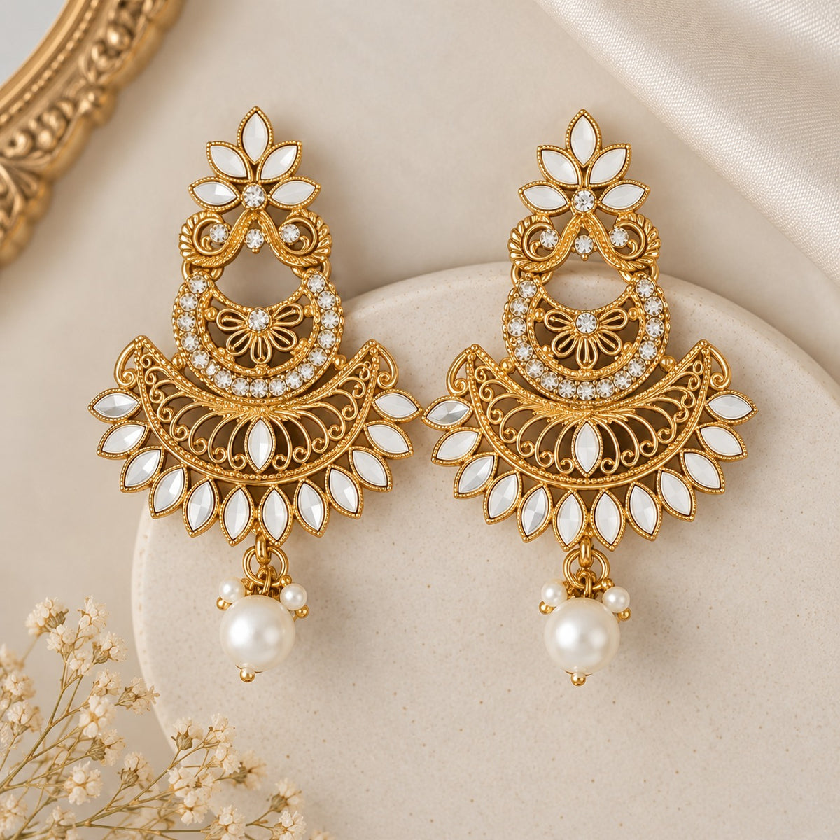 Gold Pearl Drop Statement Earrings