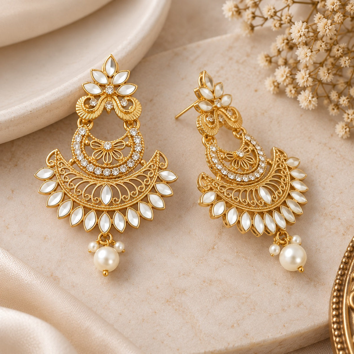 Gold Pearl Drop Statement Earrings