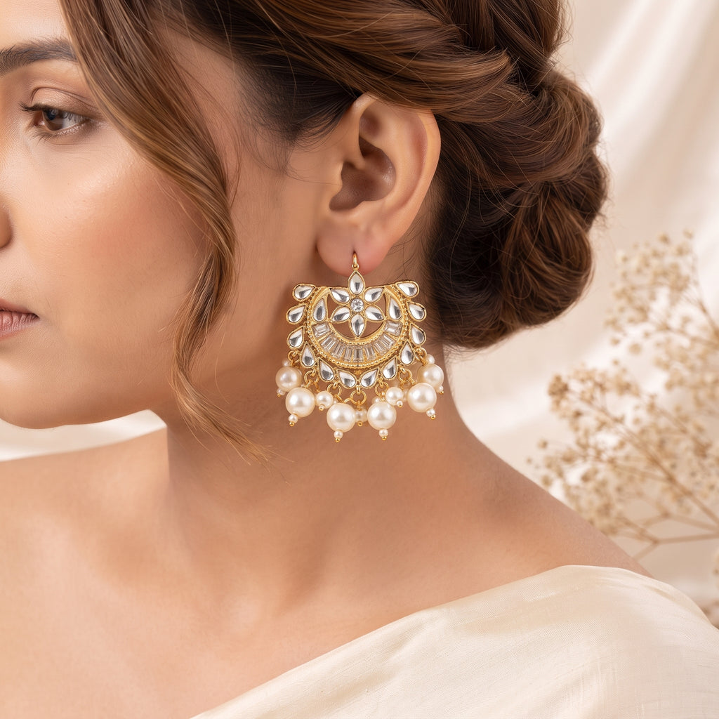 Gold Pearl Kundan Statement Earrings