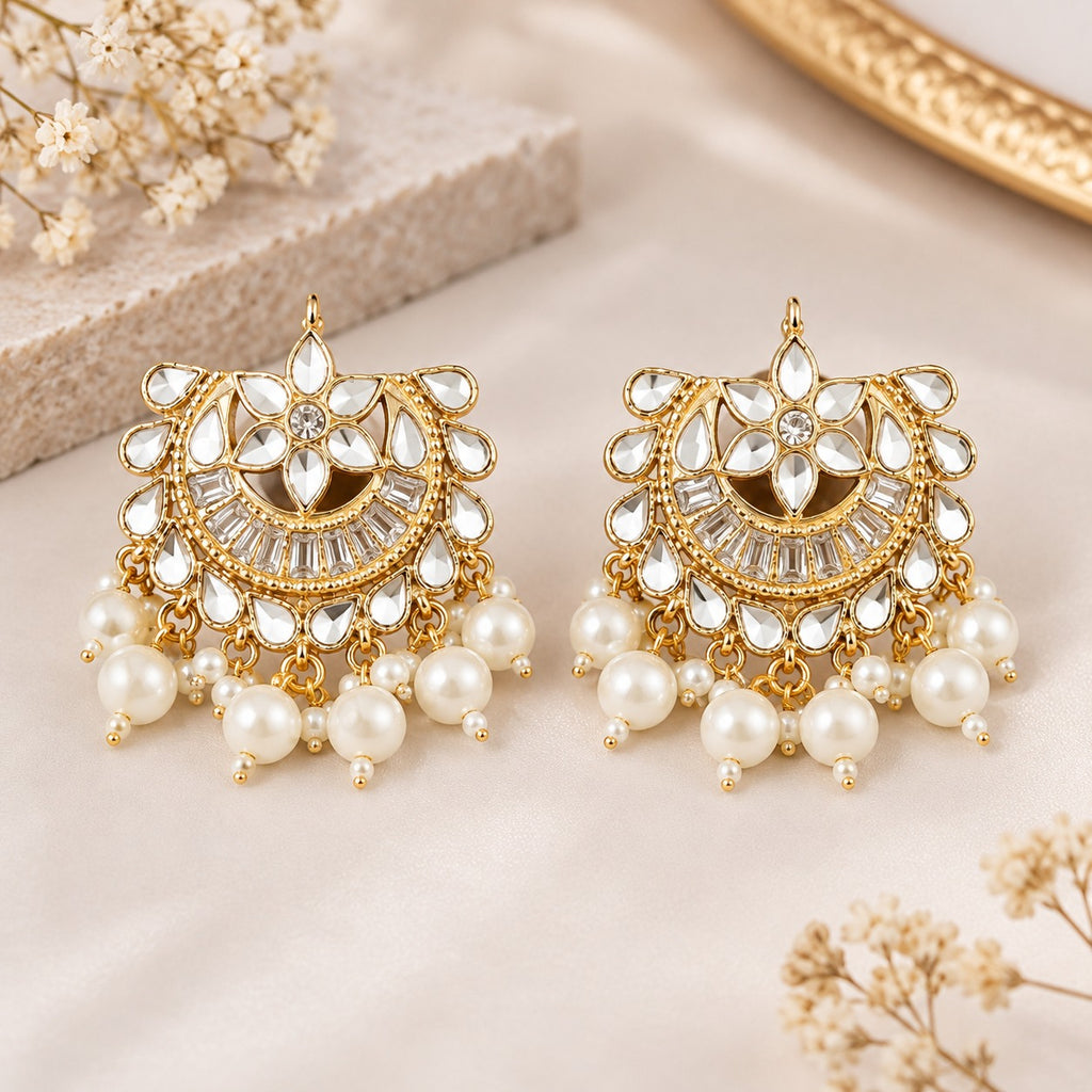 Gold Pearl Kundan Statement Earrings