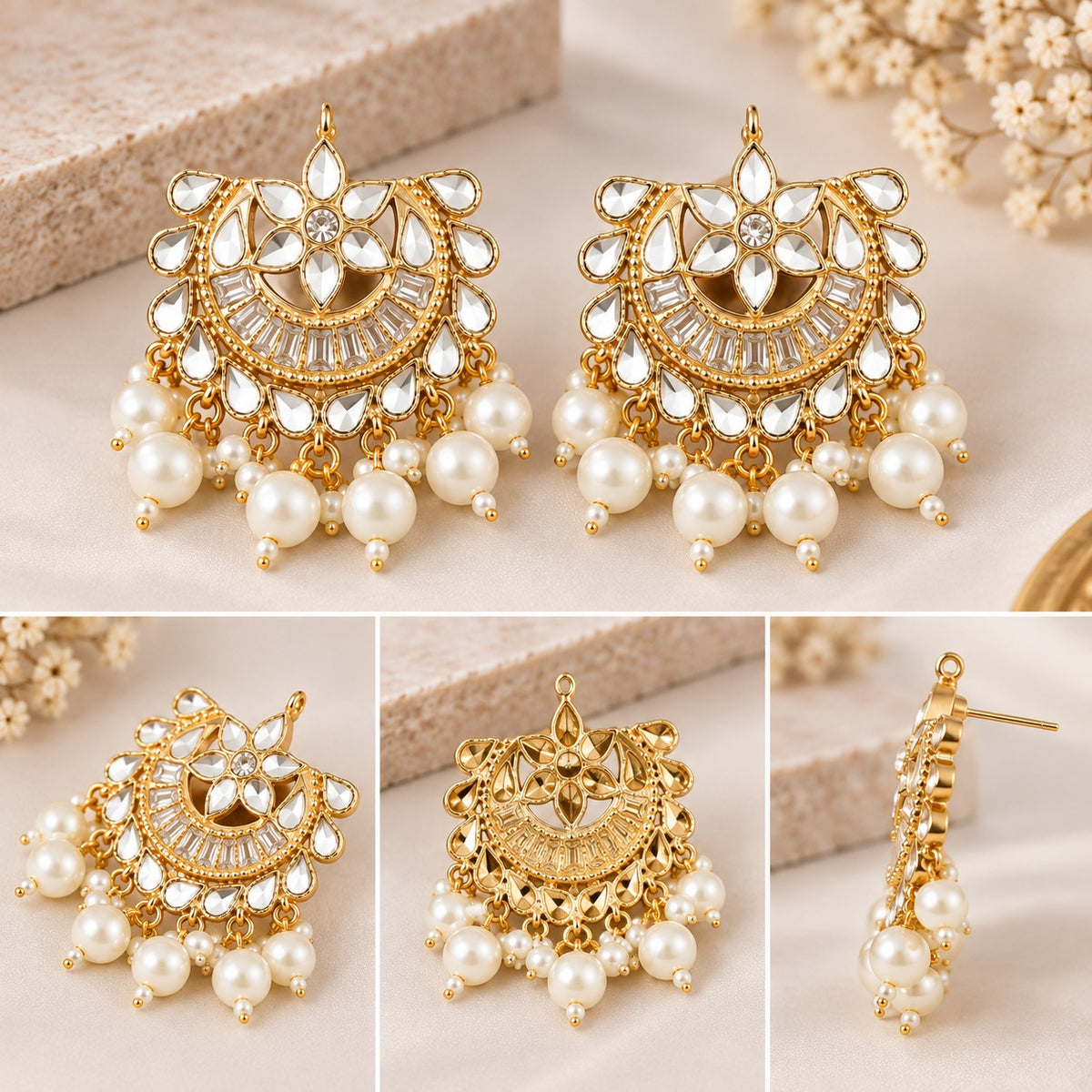 Gold Pearl Kundan Statement Earrings
