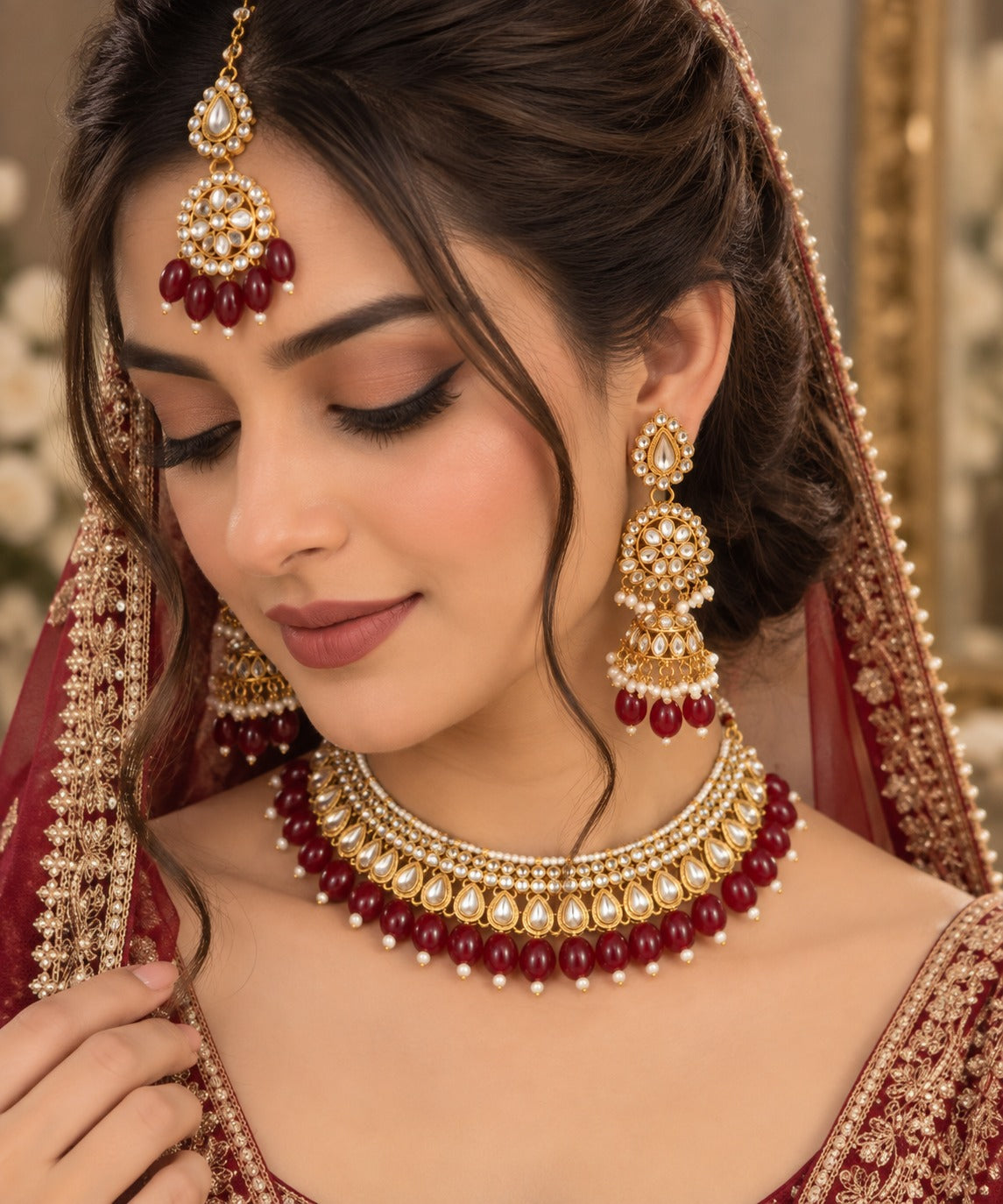 Gold & Maroon Bridal Jewelry Set