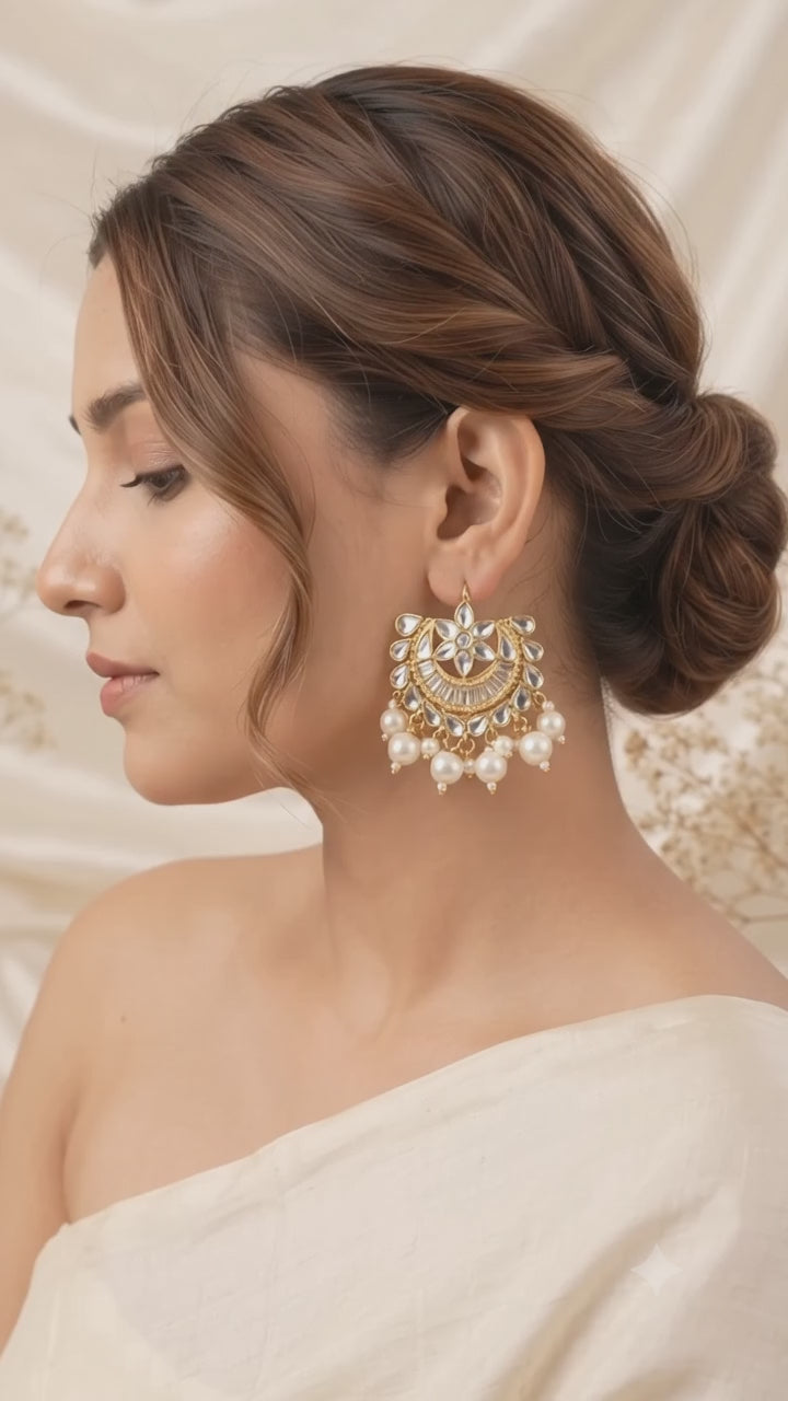 Gold Pearl Kundan Statement Earrings