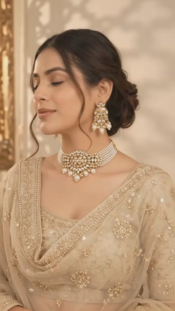 Gold Kundan Pearl Choker & Earrings Set